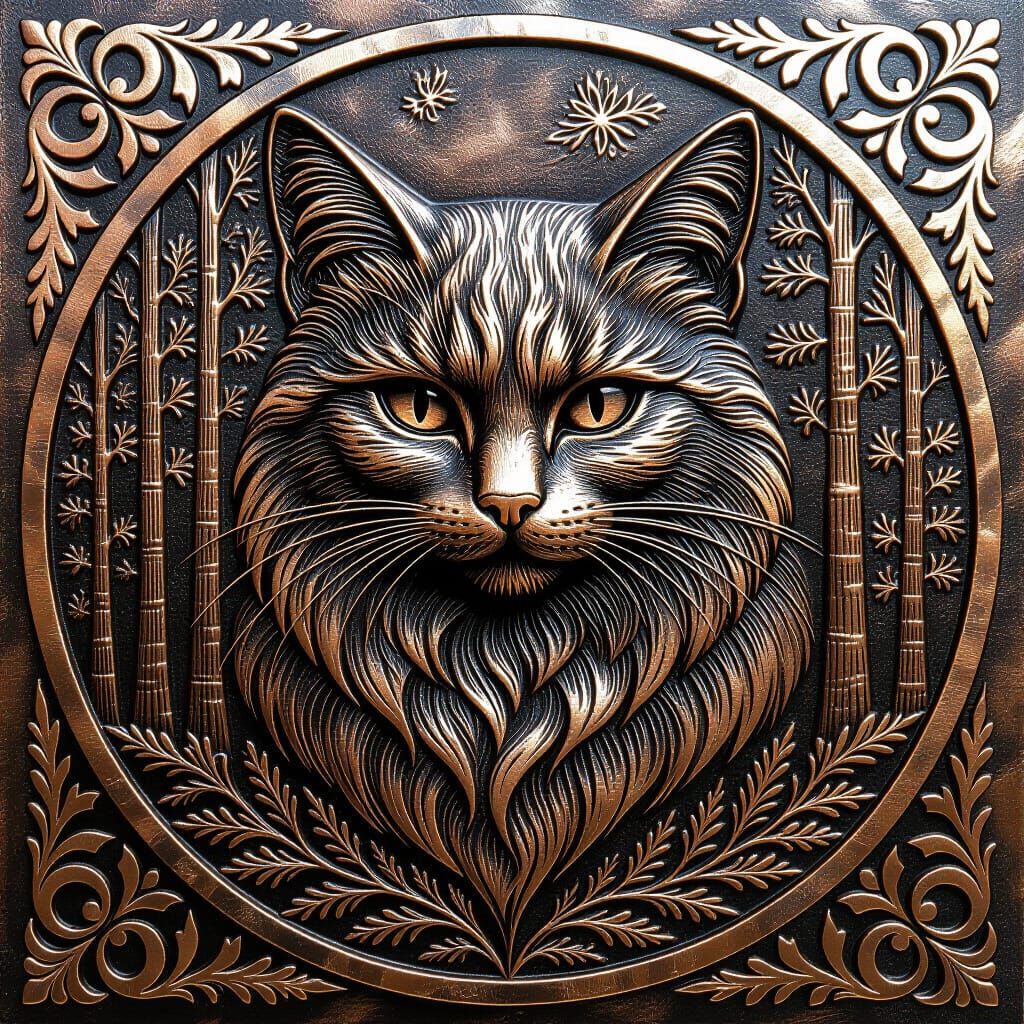 Norwegian Forest Cat in Gothic Oxidized Silver Relief