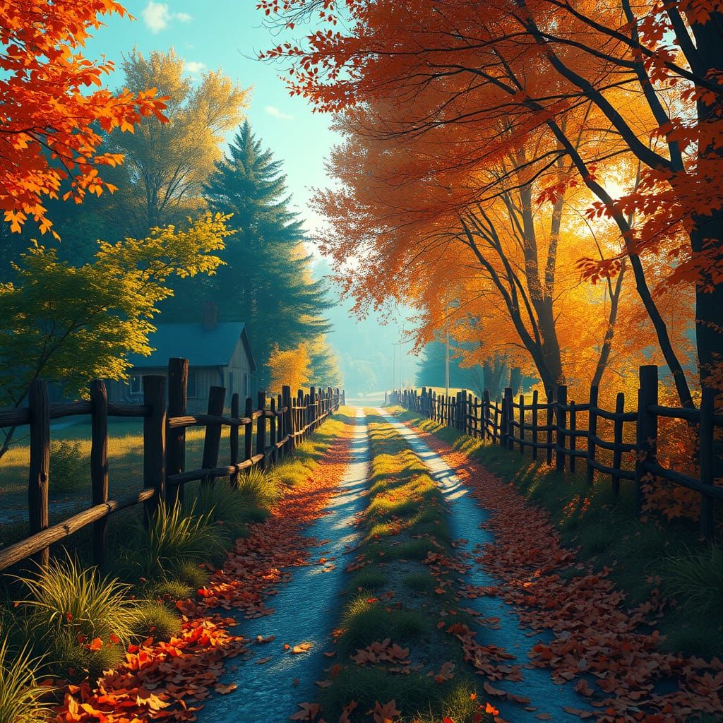 Autumn Village Road with Broken Fences