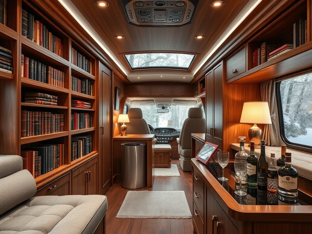 Luxurious Motorhome Library and Minibar in Scandinavian Styl...