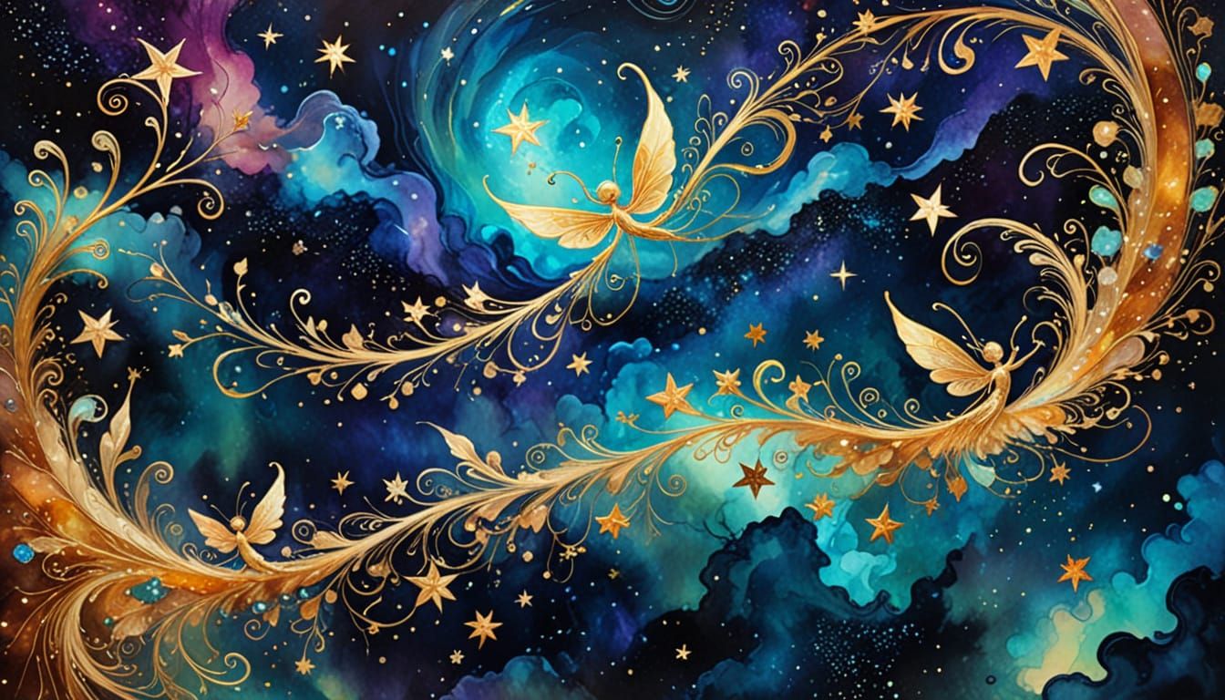 Dreamlike Fairies Dancing in Space as Surreal Painting