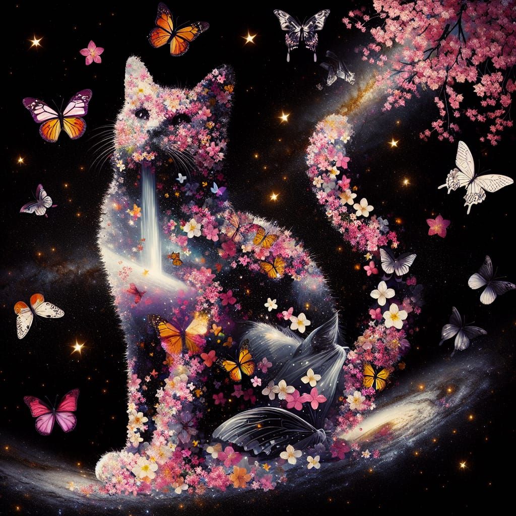 Butterfly and Blossom Cat Double Exposure
