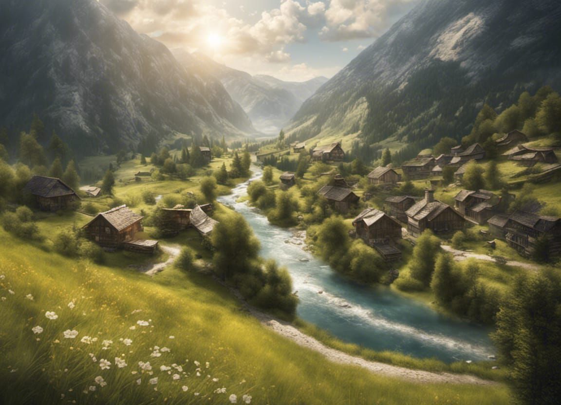 Sunlit Alpine Valley Village: Digital Matte Painting