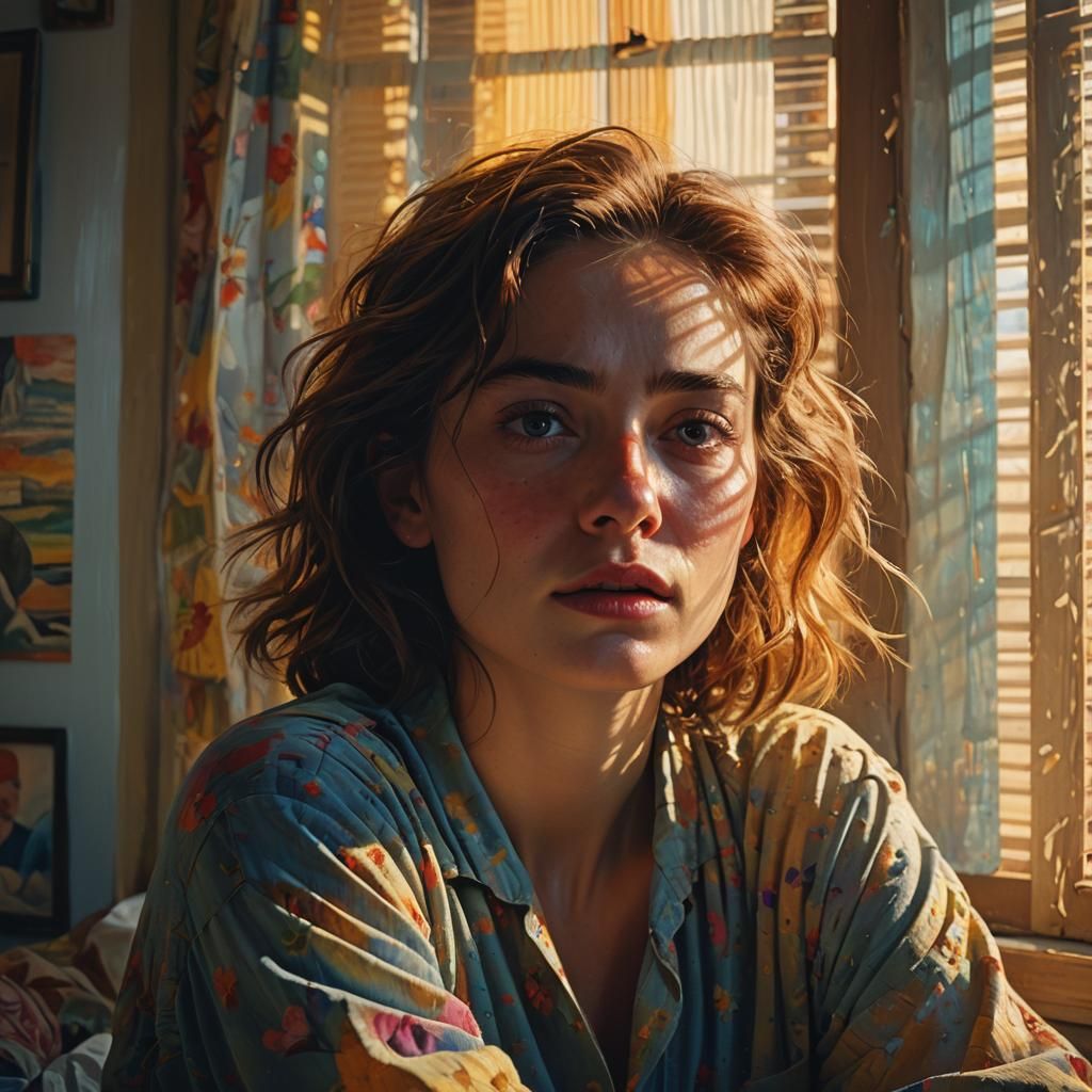 Woman Waking with Memories, Oil Painting Inspired by Ash Tho...