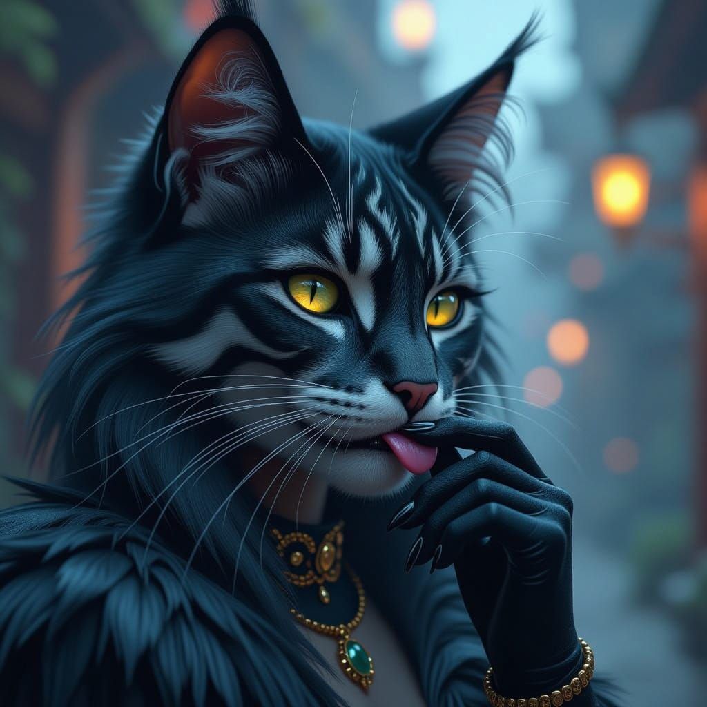 Mischievous Feline Woman Licking Fingers as Matte Painting