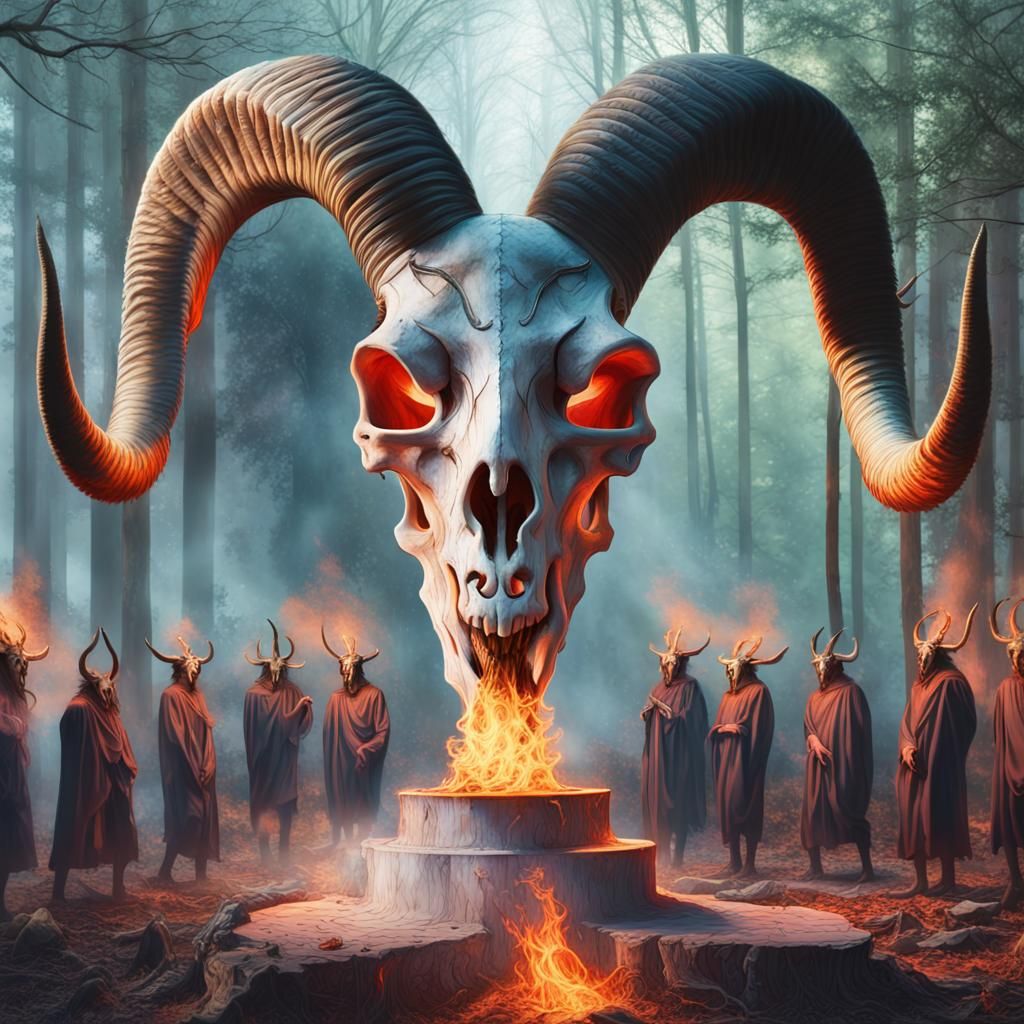 Baphomet, the skull of a giant goat, mounted over an alter o...