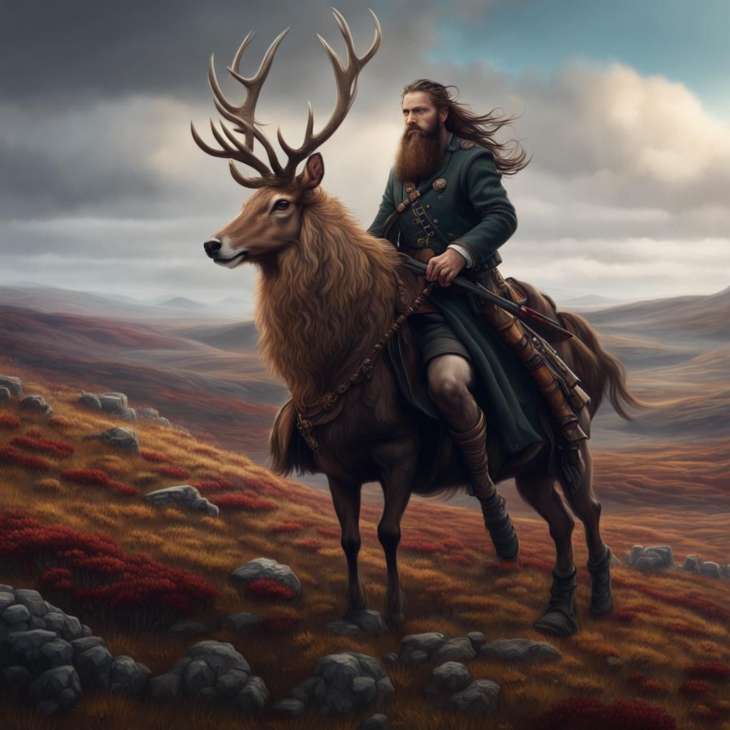 Man in Kilt Rides Stag on Moorland