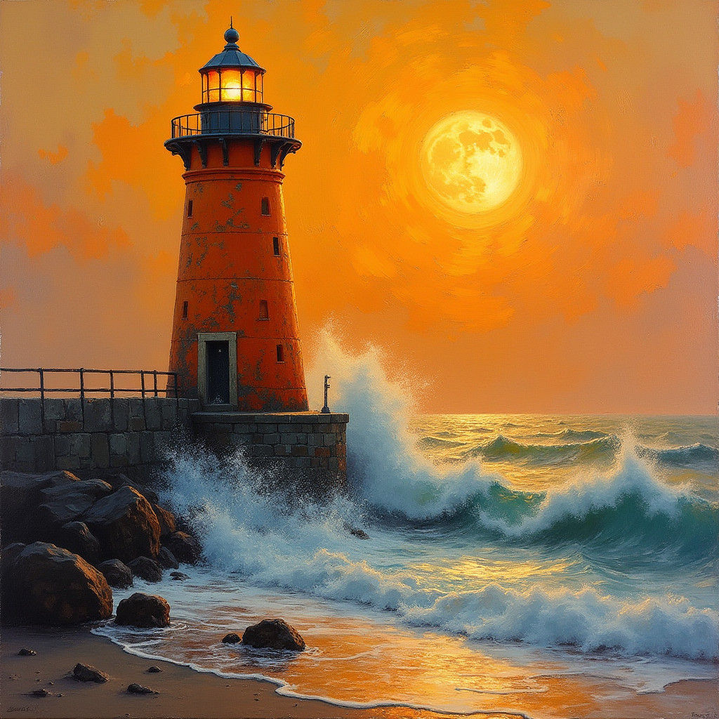 Orange Lighthouse Under Moon in Impressionist Style