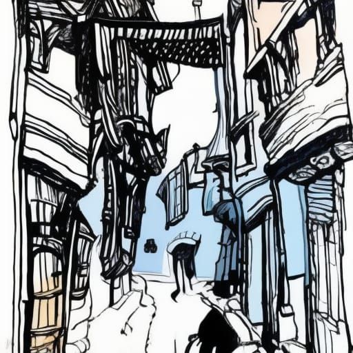 Draw lines of a medieval French dirty street