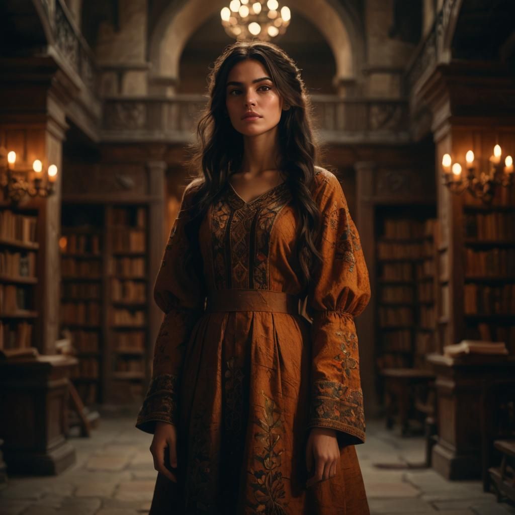 Beautiful Librarian Girl in Ancient Library, Ethereal Realis...