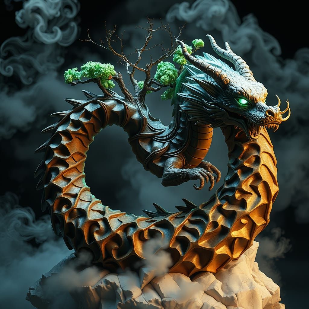 Surreal Dragon-Bonsai Hybrid Sculpture in Cyberpunk Style