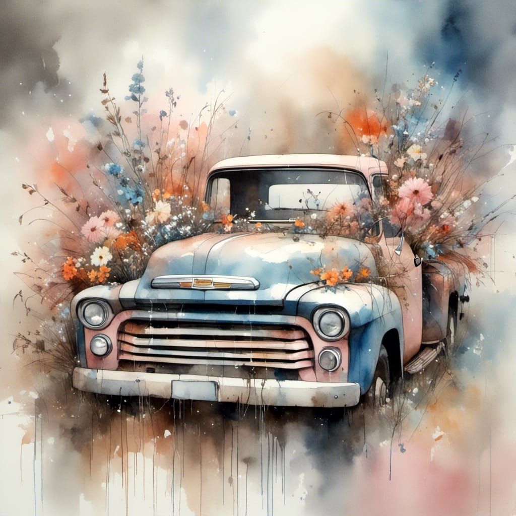 Dreamy Watercolor of 1959 Chevy Truck with Flowers