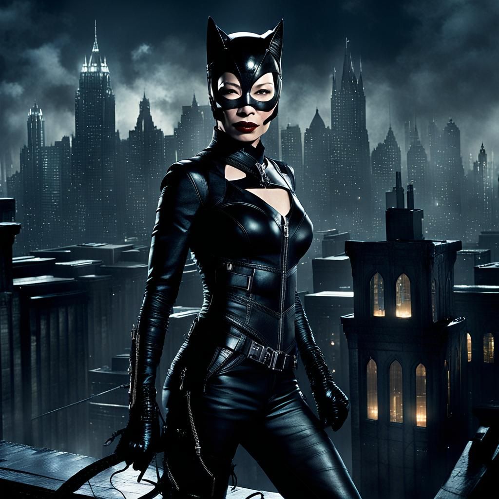 Catwoman on Gotham Skyscraper, Hyperrealistic 8k Art