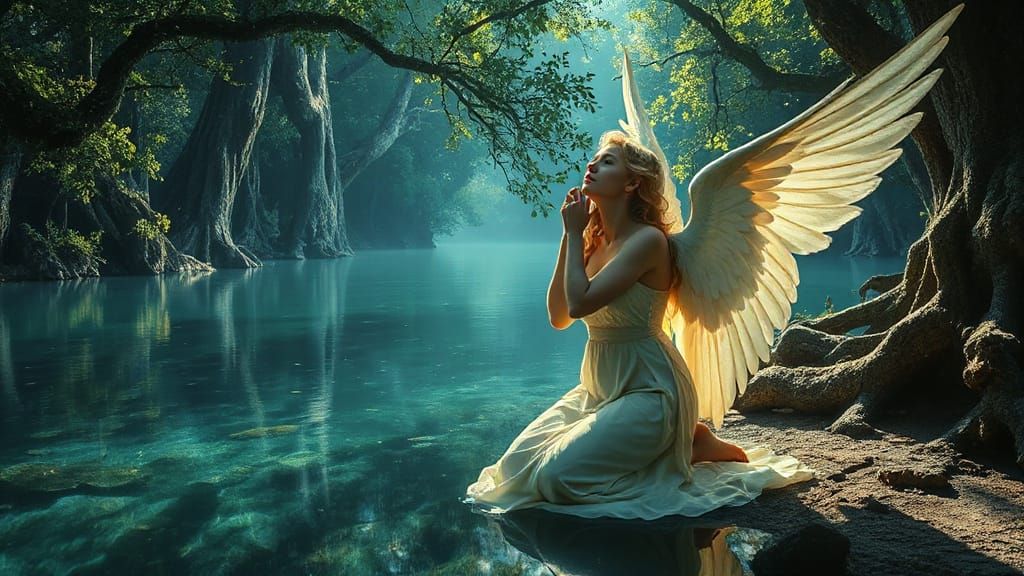 Sorrowful Angel Kneeling by Crystal Lake in Art Nouveau Styl...