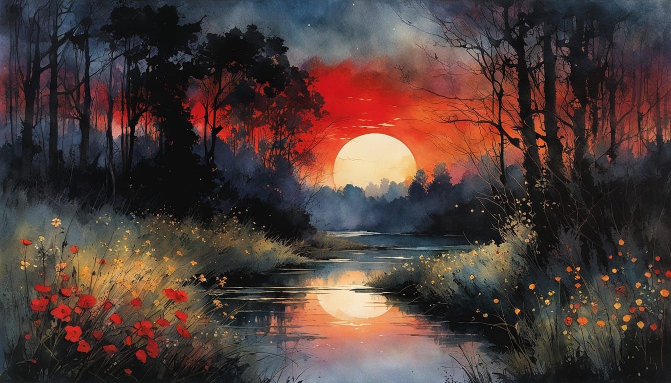 Dramatic Eclipse Over River in Color Print Art