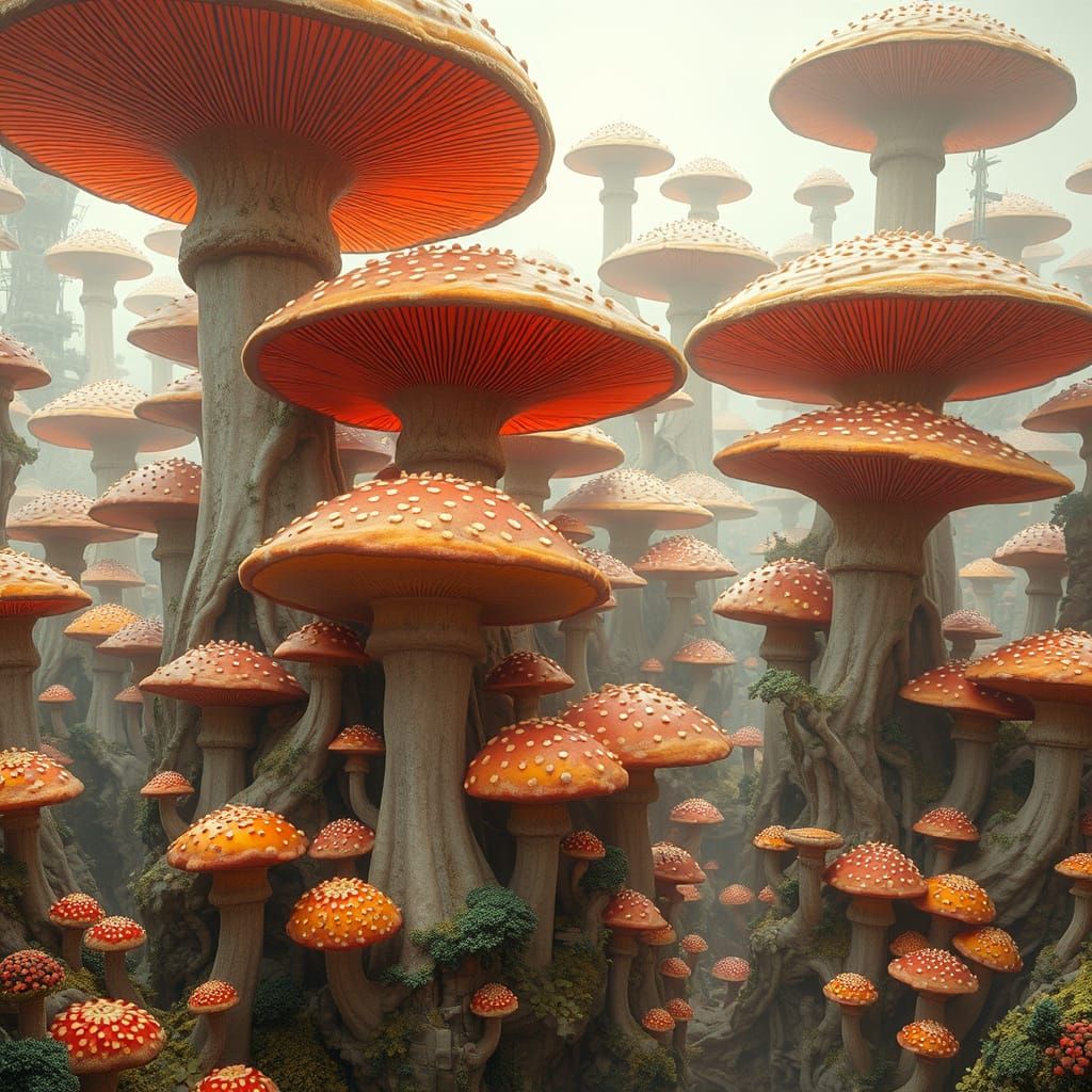 Whimsical Mushroom Metropolis at Dawn