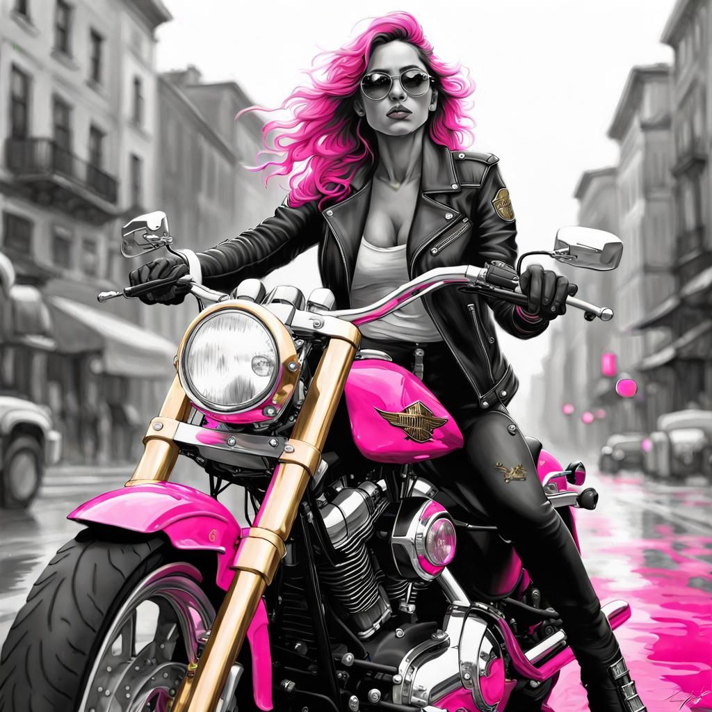 Glamorous Woman on Motorcycle: Monochrome Watercolor Art