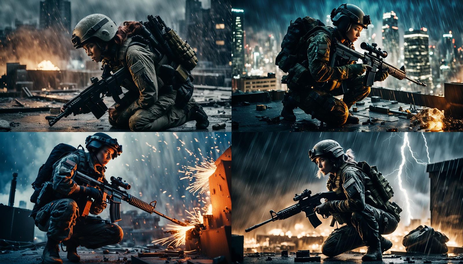 Female Soldier on Rooftop in Gritty Action Movie Scene