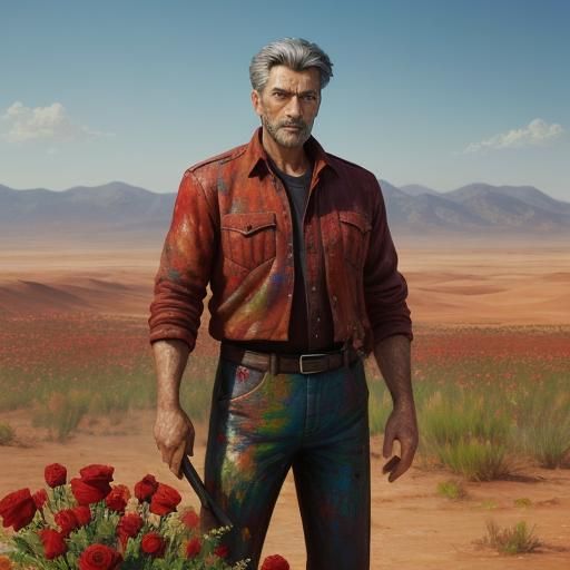 Man and Rose in Desert as Impasto Oil Painting