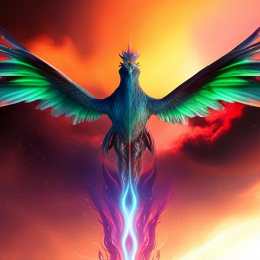 Fiery Phoenix with Emerald Eyes in Colorful Sky