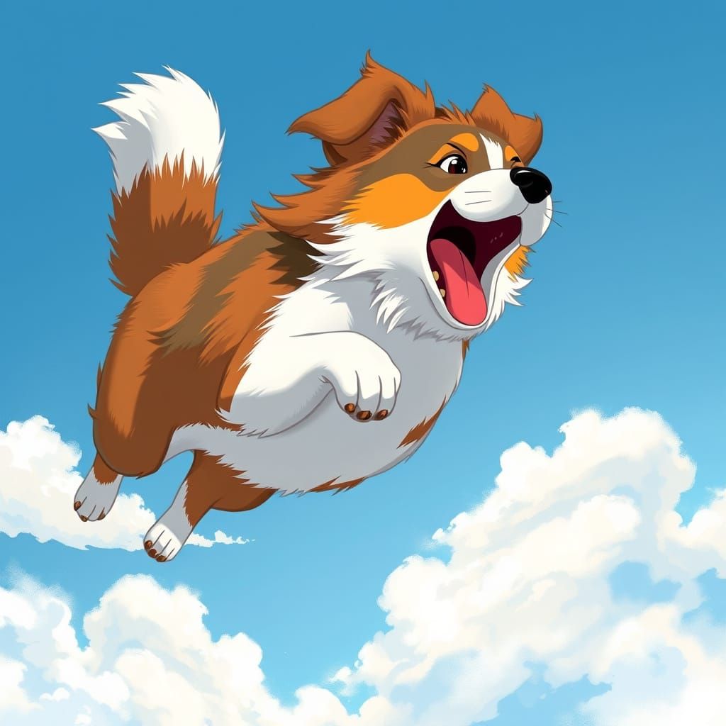 Dog Soaring Through Sky in Animated Style