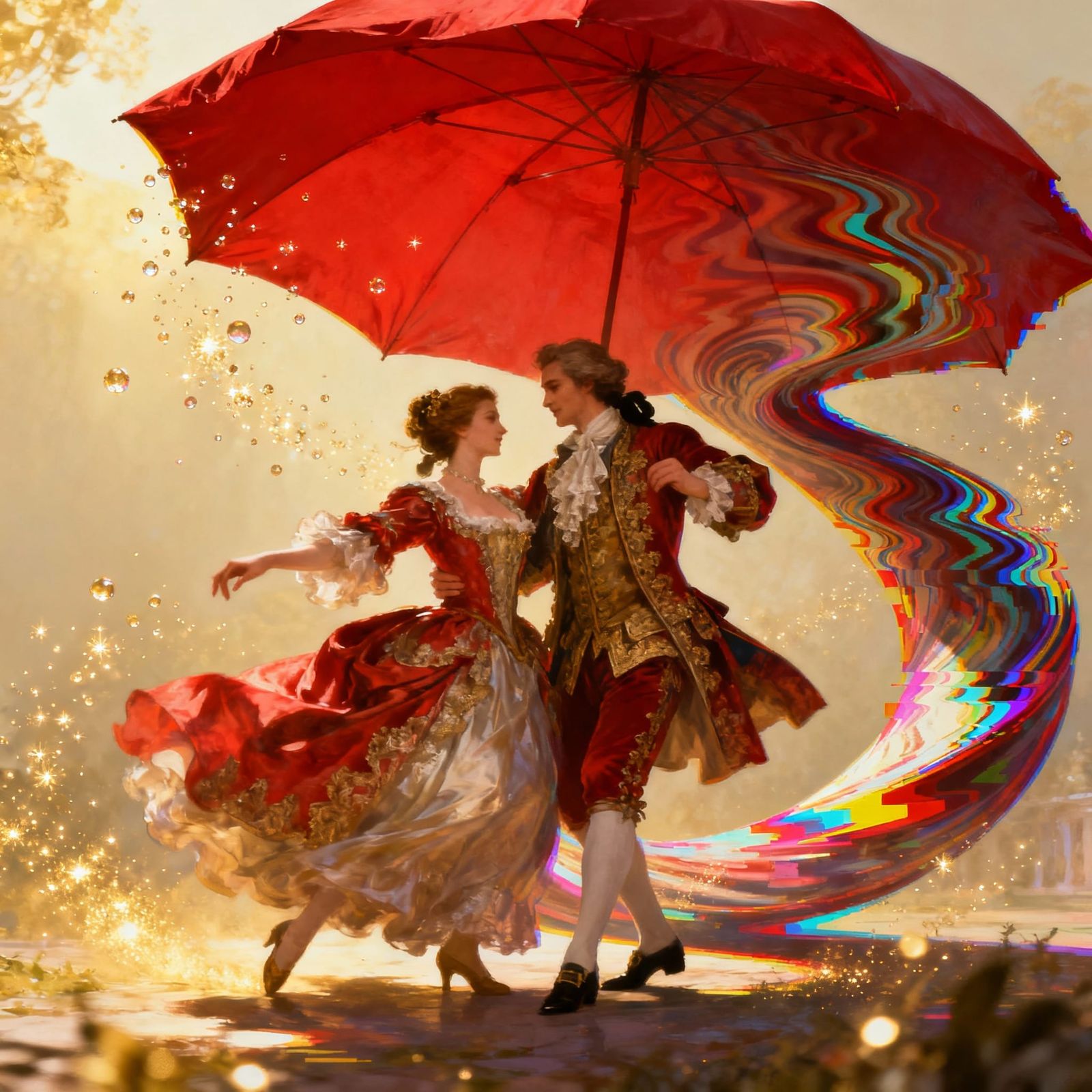 Surreal Couple Dancing Under Red Umbrella in Dreamlike Style