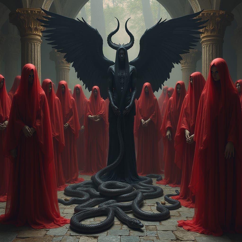 Veiled Priestesses in Ruined Temple, Dark Fantasy Style