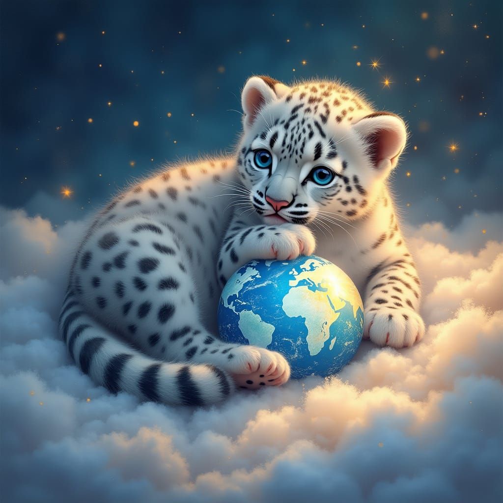 Snow Leopard Cub Cradling Earth on Clouds