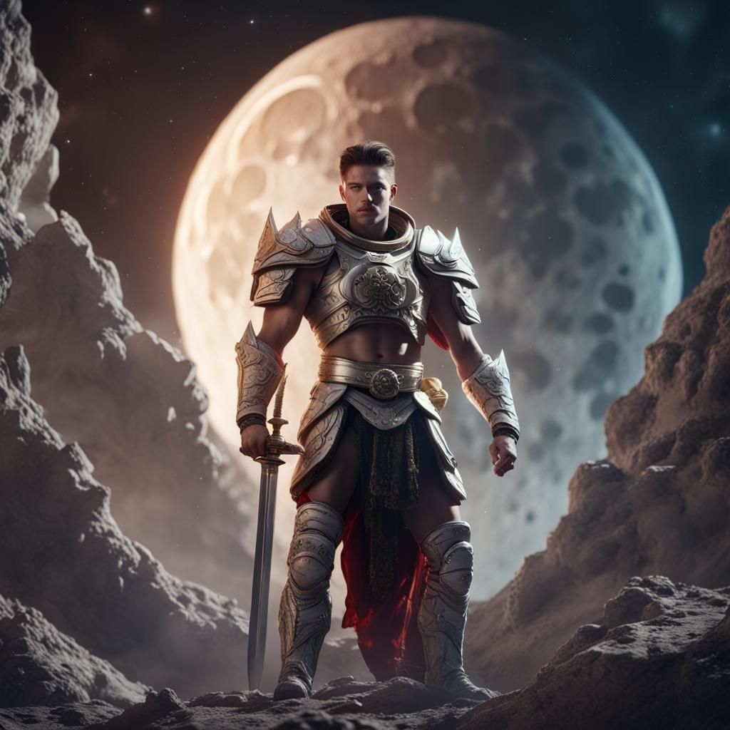 Hyper Realistic Muscular Young Handsome king on moon with his sword in outer space