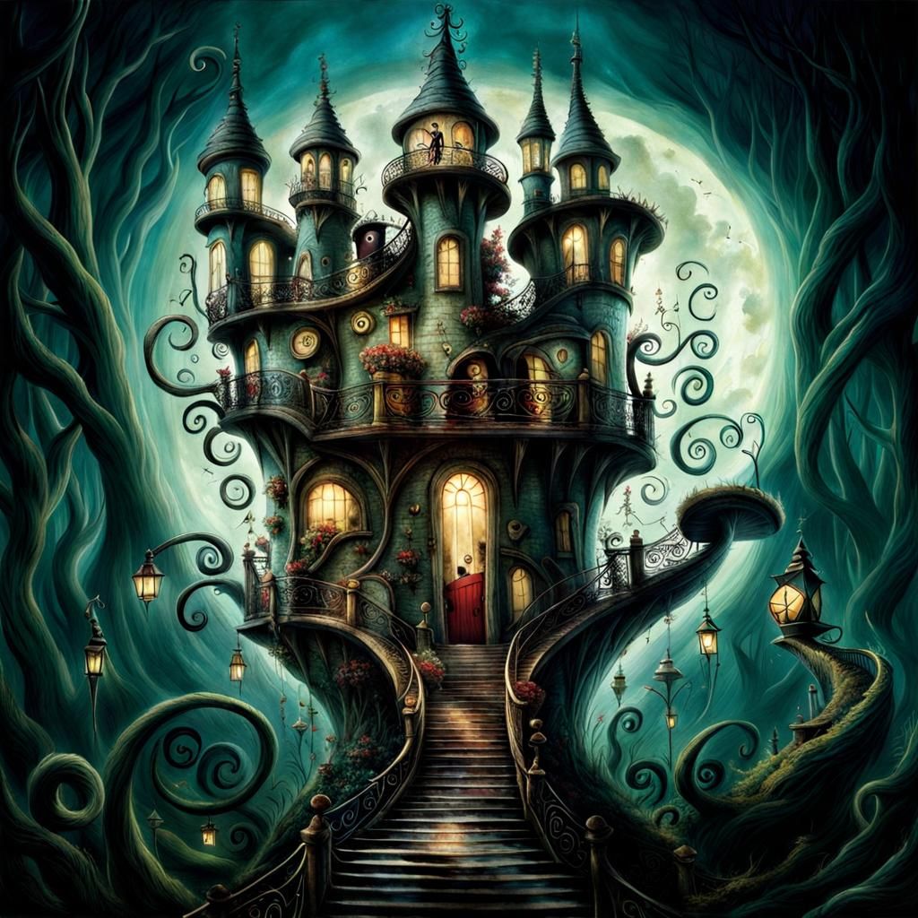 Vibrant Flatlandia Scene in Tim Burton Style