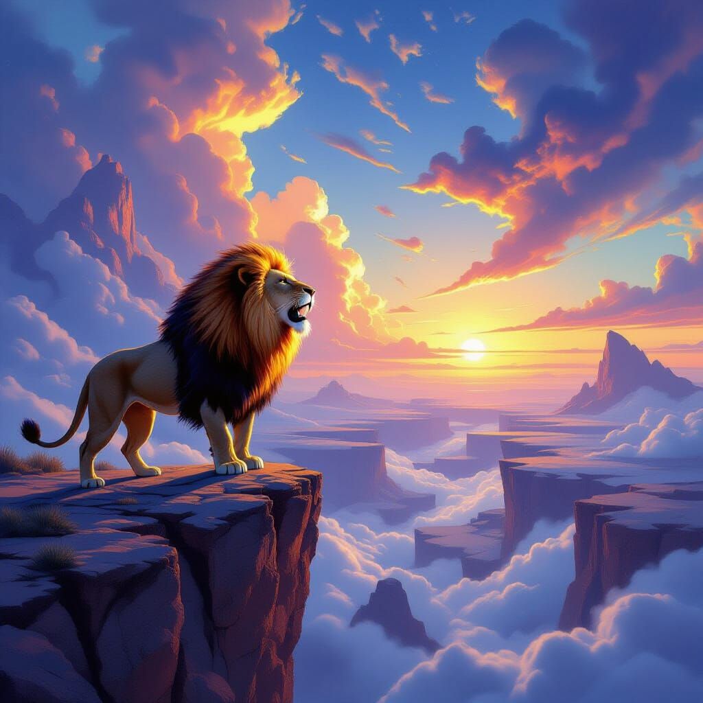 Majestic Lion Roars at Surreal Landscape in Epic Concept Art