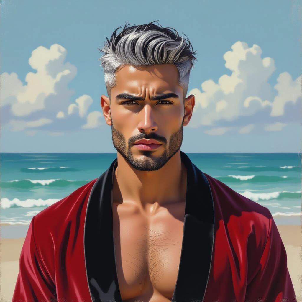 Impressionist Portrait of a Stern Young Man on Beach