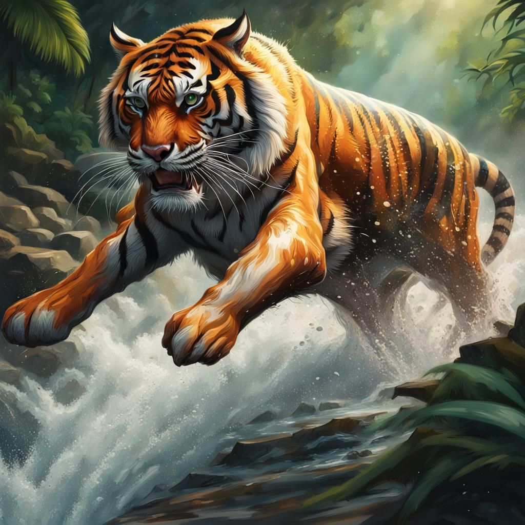 Hyperrealistic Tiger Leaping in Jungle Splash Art