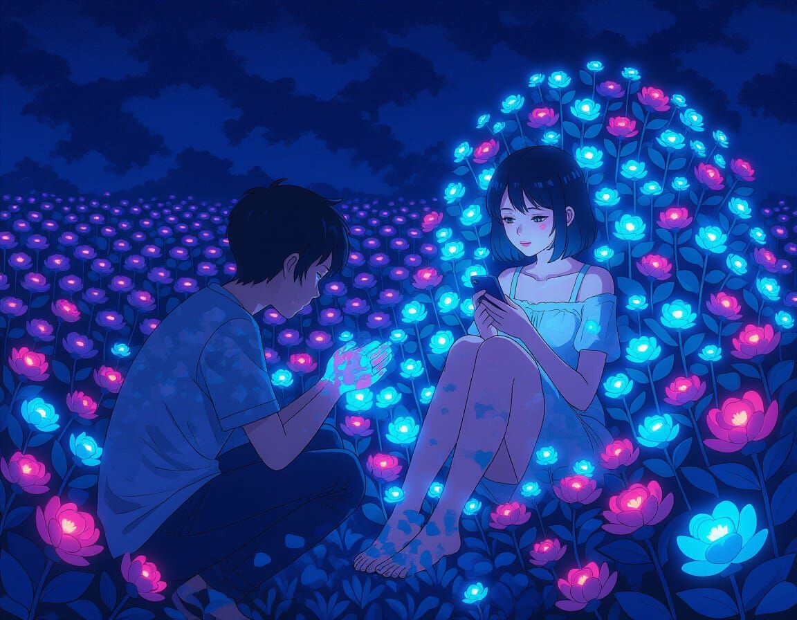 Bioluminescent Garden Shaped Like a Face in Neon Noir Style