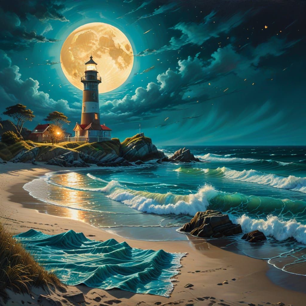 Victorian Lighthouse with Bioluminescent Waves, Hyperrealist...