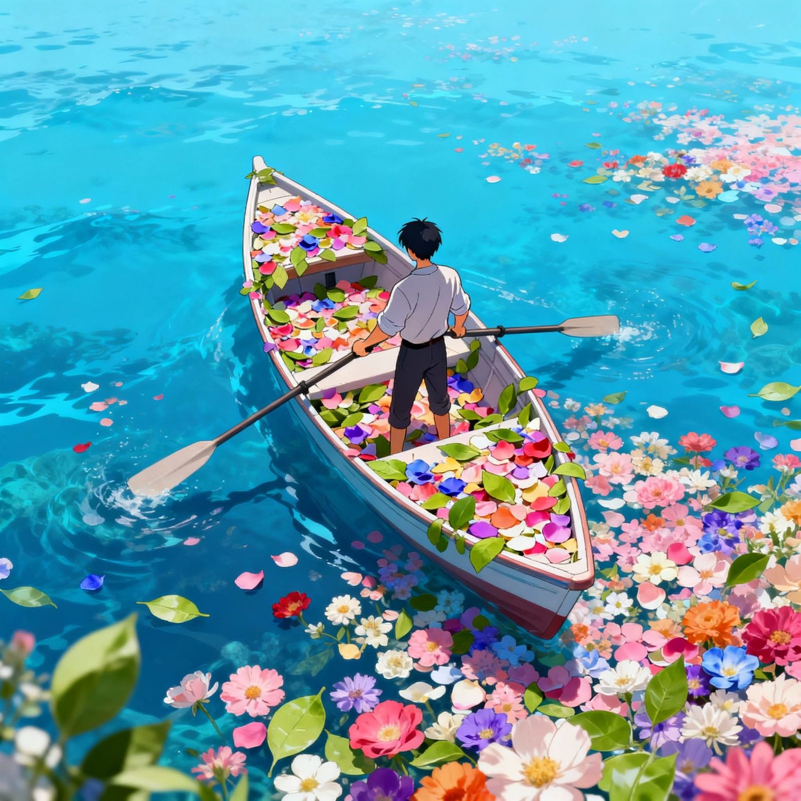 Man Rows Flower-Covered Boat on Vibrant Floral Ocean