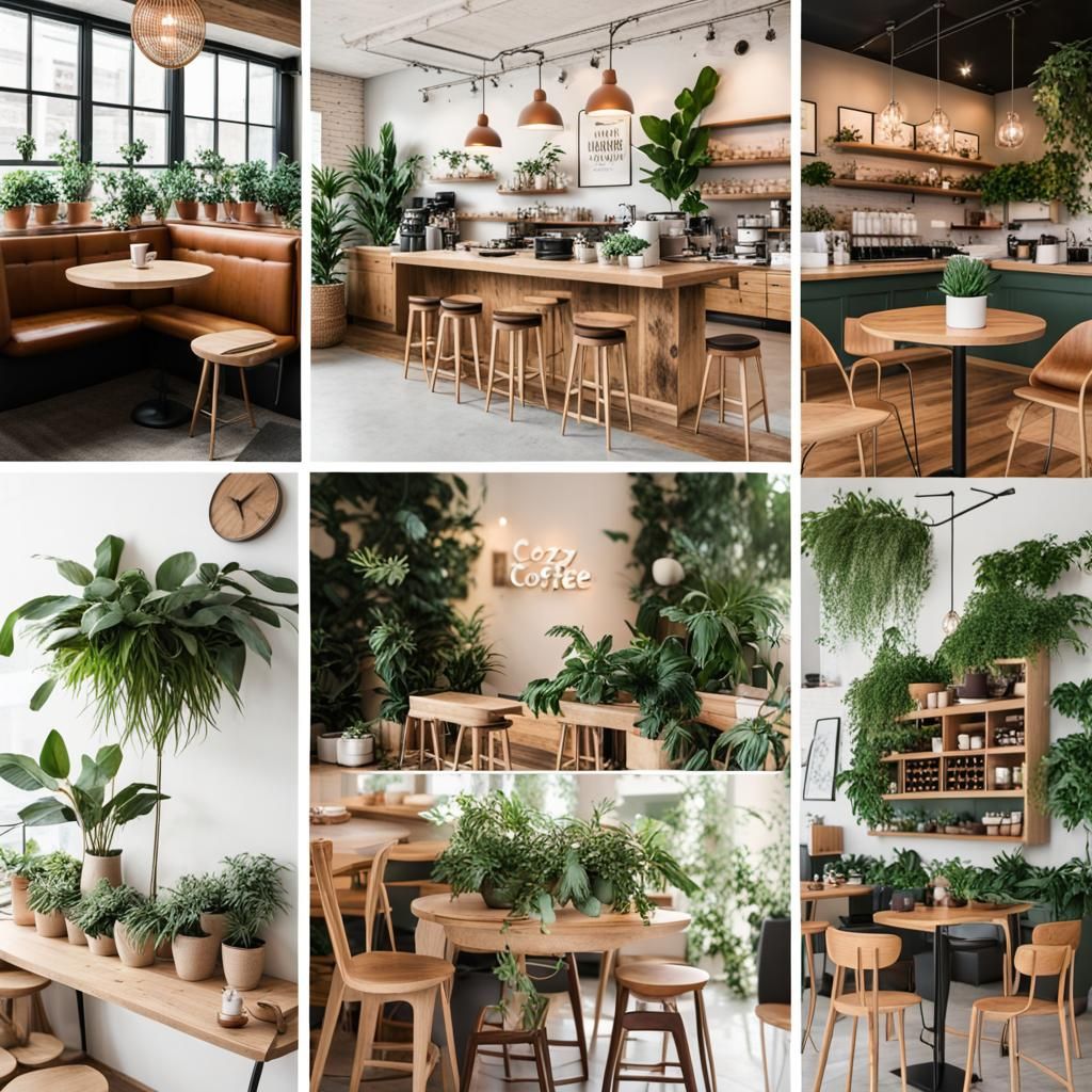 Neutral Coffee Shop Aesthetic Collage with Plants