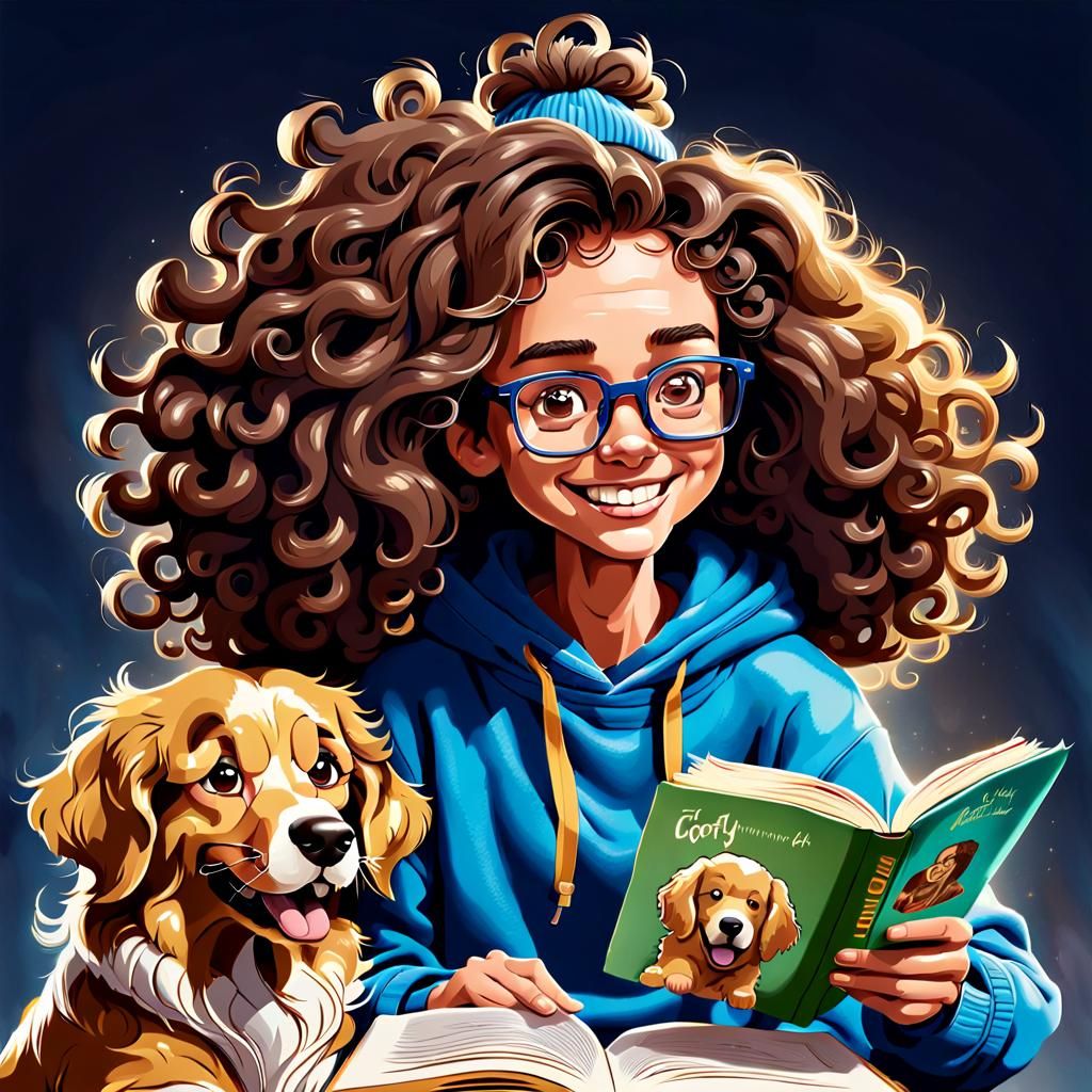 Fun Caricature Illustration of Woman Reading with Dog