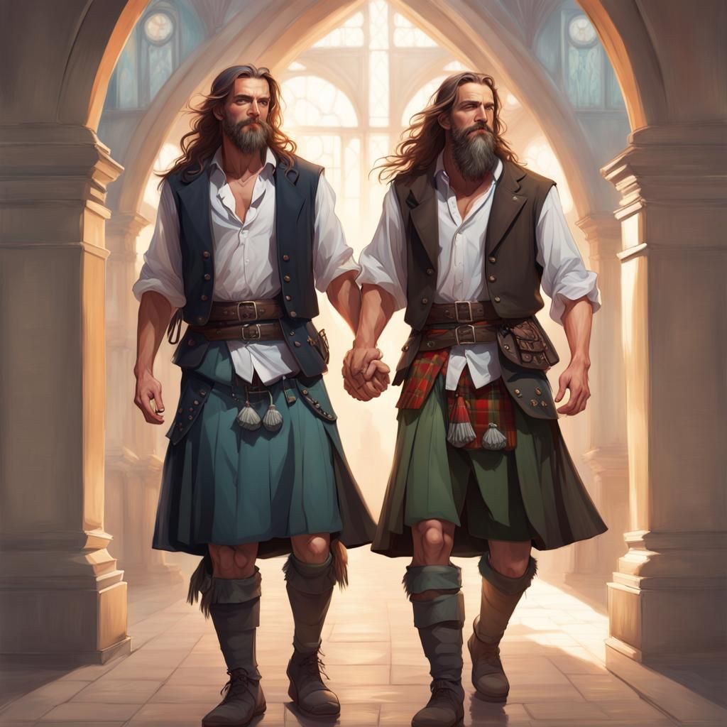 Happy Men in Kilts Portrait, Trending Art