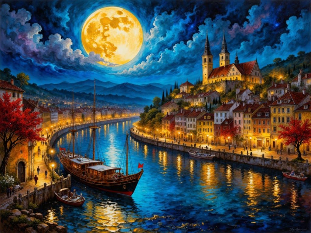 Moonlit Cityscape Over Reflecting River in Impasto Style