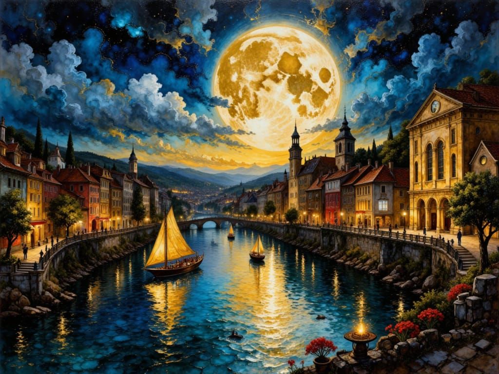 Moonlit Cityscape Over Glistening River in Opulent Oil Style
