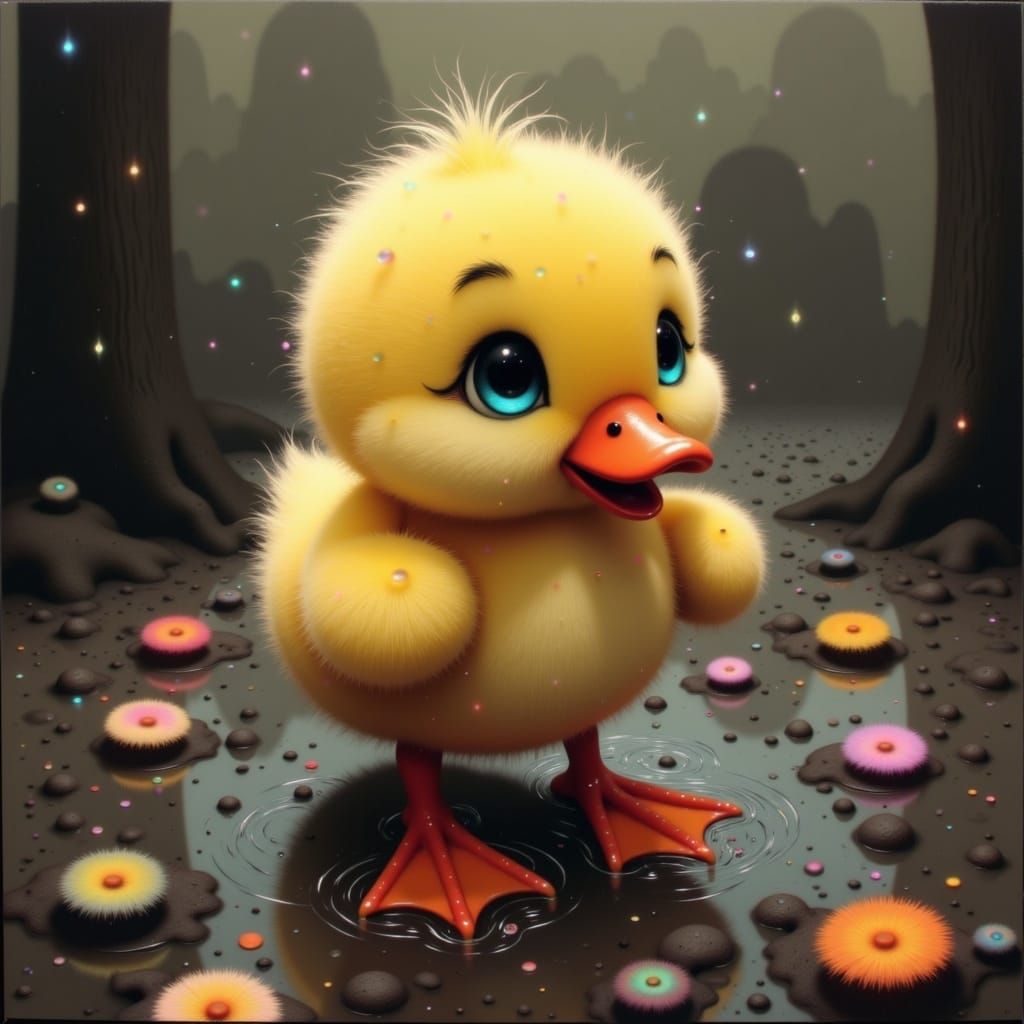 Dancing Ducklings in Rainy Puddles, Whimsical Digital Art