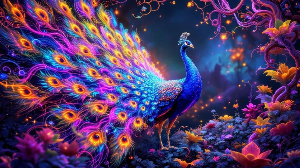 Majestic Peacock in Electric Forest, 3D Rendered