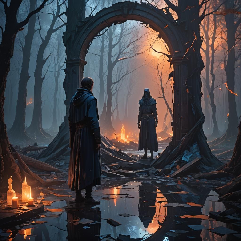 Mysterious Figure Confronts Portentous Mirror in Dark Fantas...