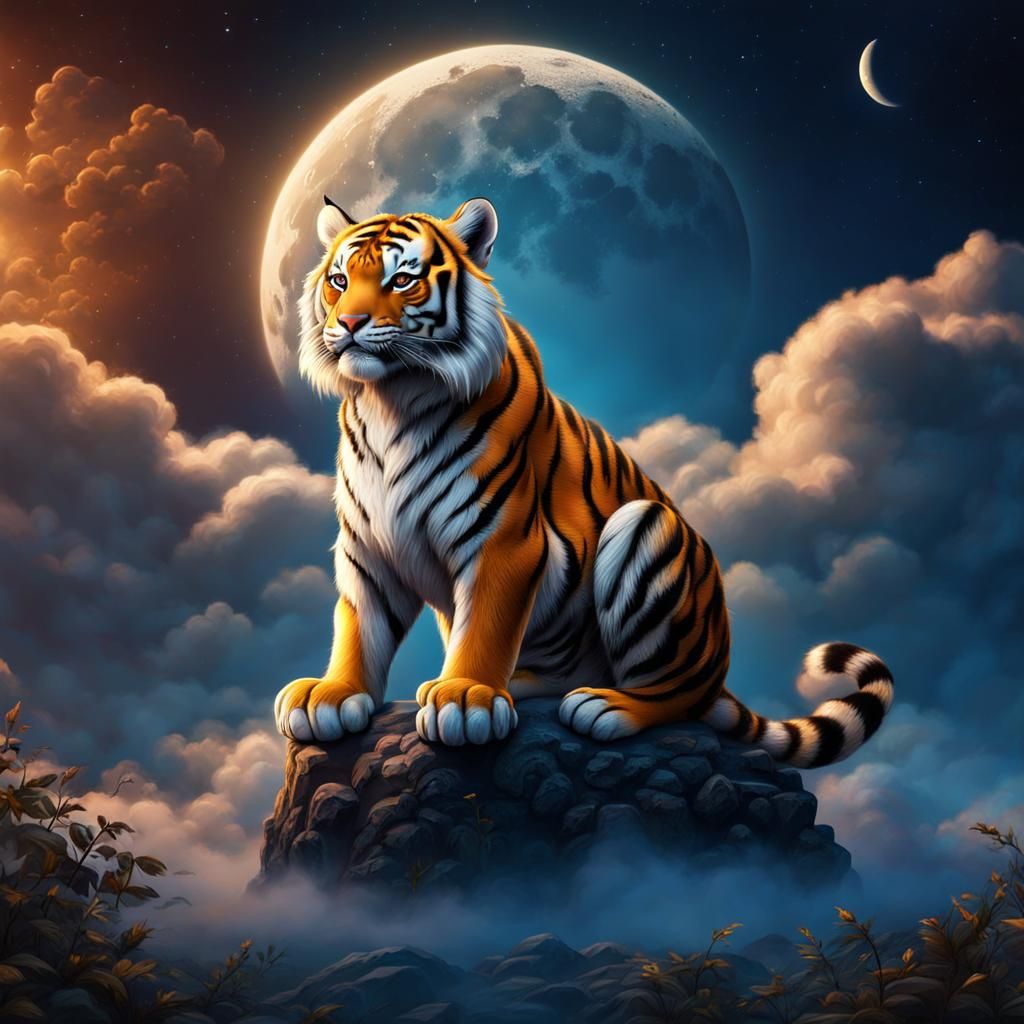 Cute Tiger Cub on Cloud in Fantasy Art Style