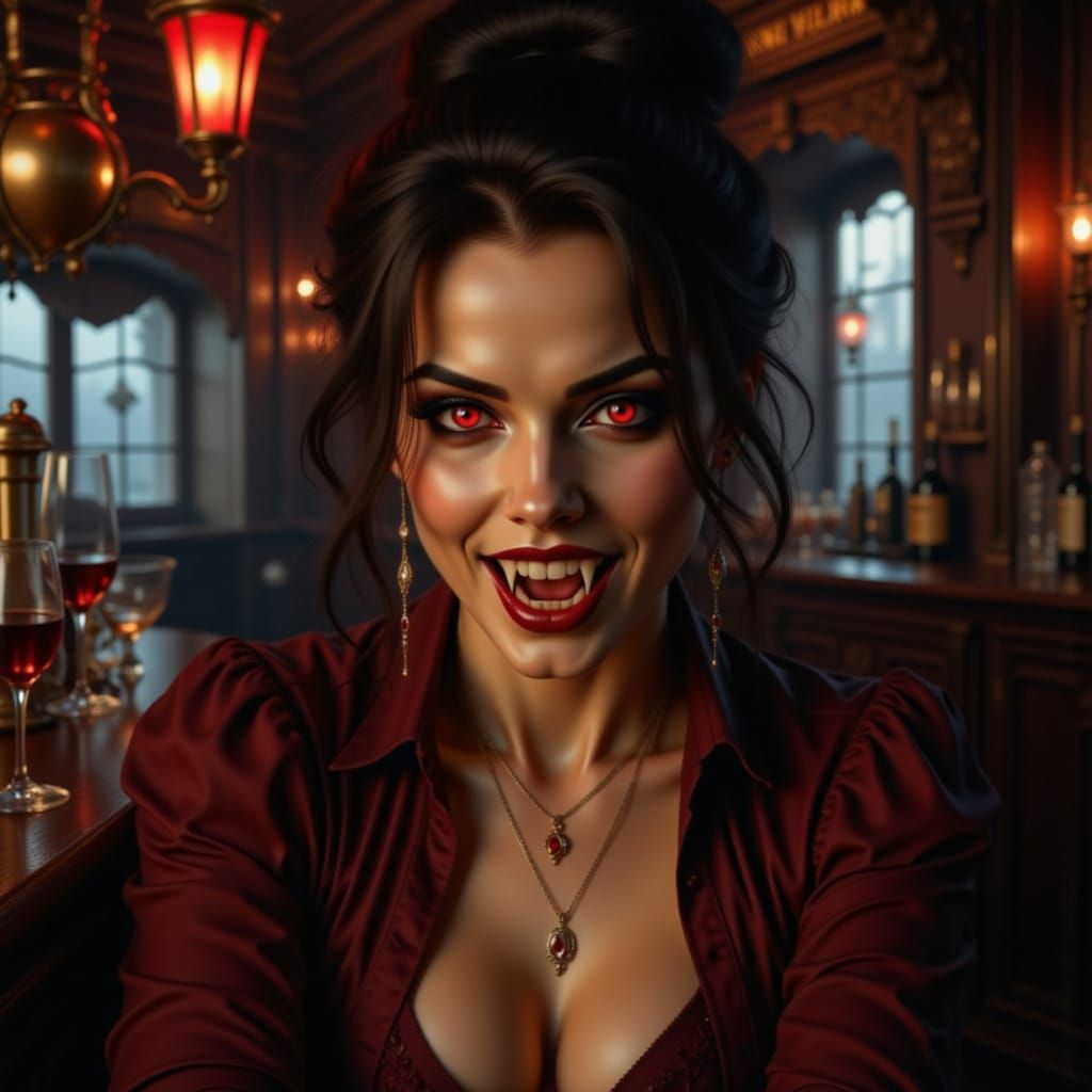 Vampire Woman Sits in a Modern City Bar