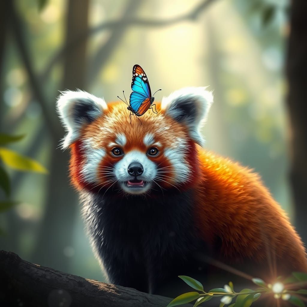 Realistic Red Panda with Butterfly in Misty Forest