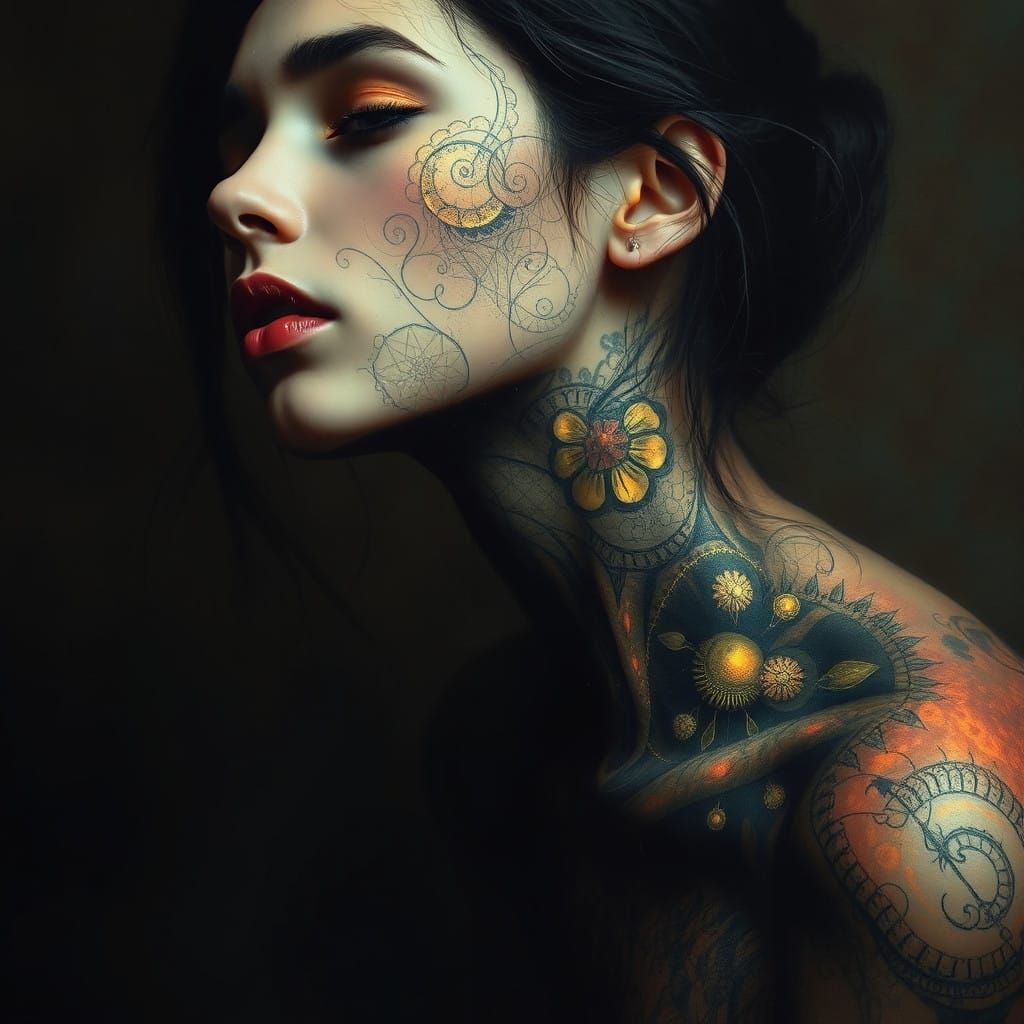 Surreal Woman Composing Fractal Tattoos in a Dreamlike Scene