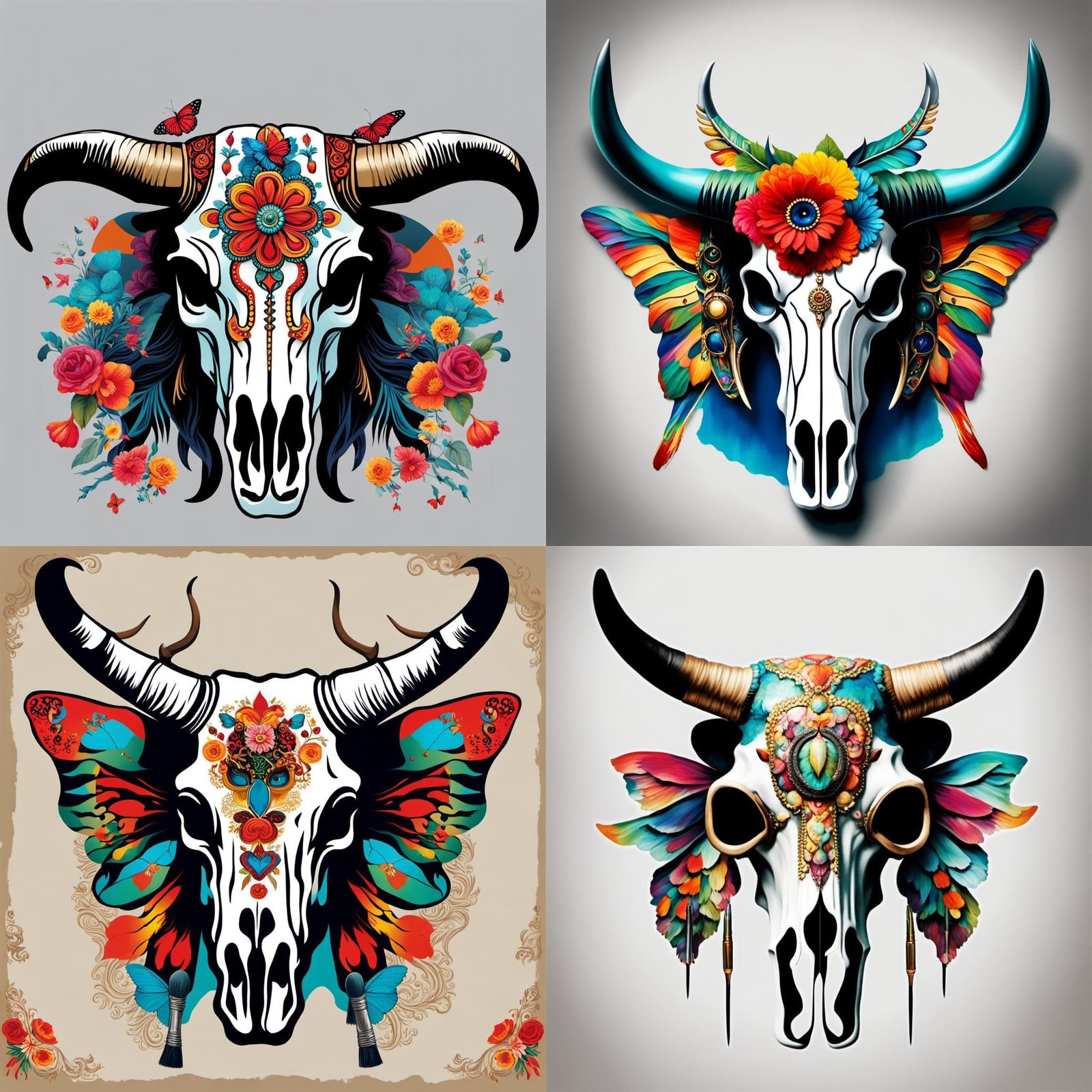 Cow Skull with Butterfly Wings and Kiss Print