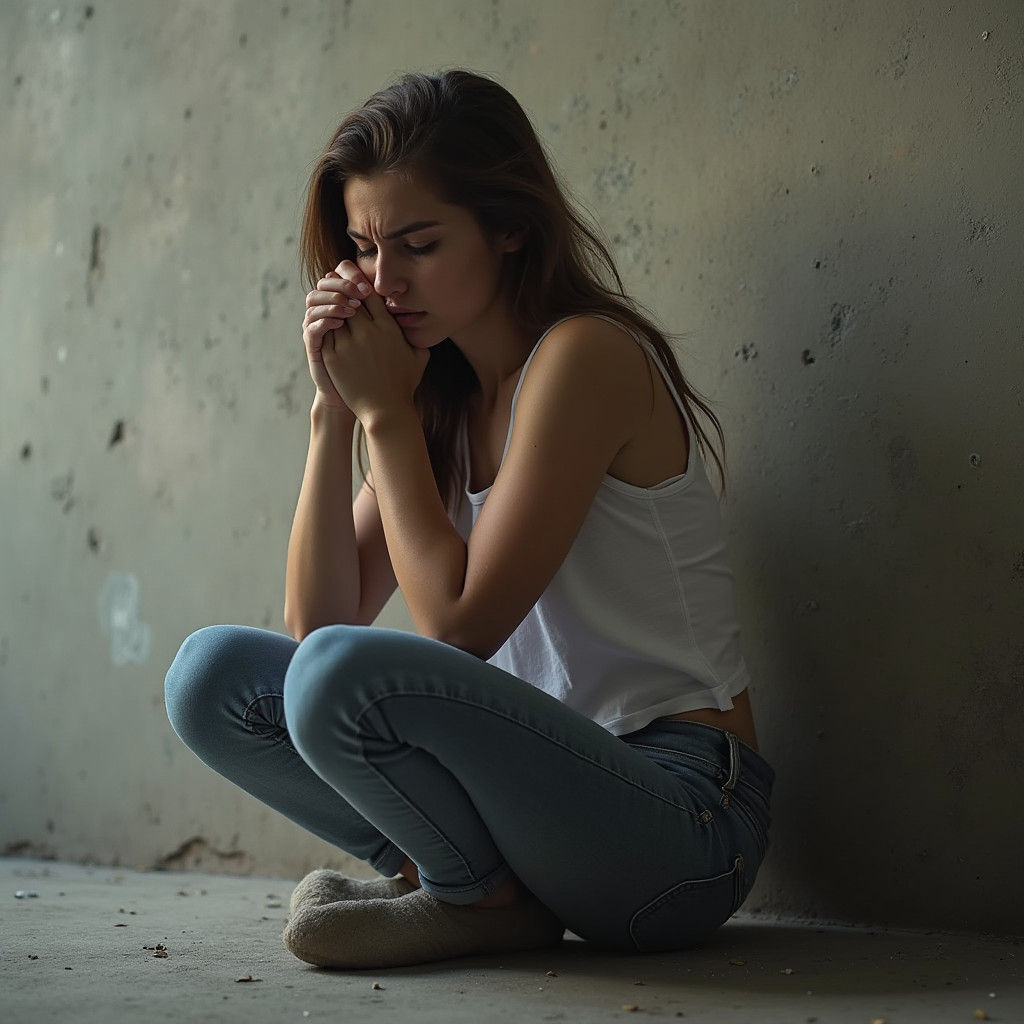 Distressed Woman Crouching Against a Wall