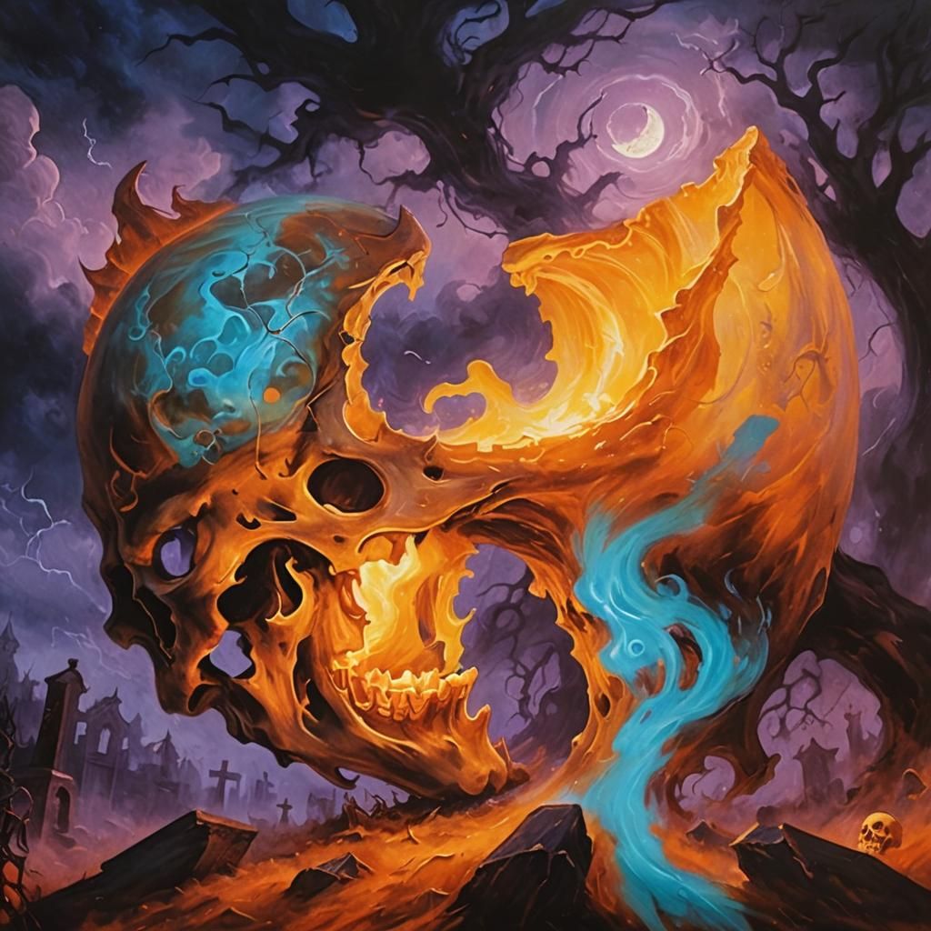 Surreal Skulls and Ghosts in Gothic Graveyard